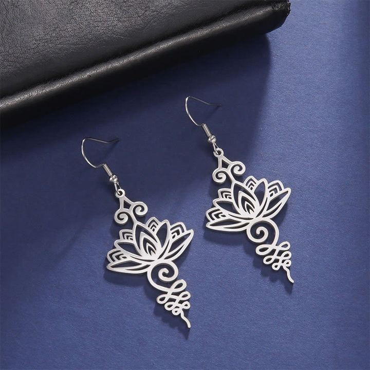 Buddha Stones Hollow Lotus Flower Stainless Steel Enlightenment Metal Drop Earrings