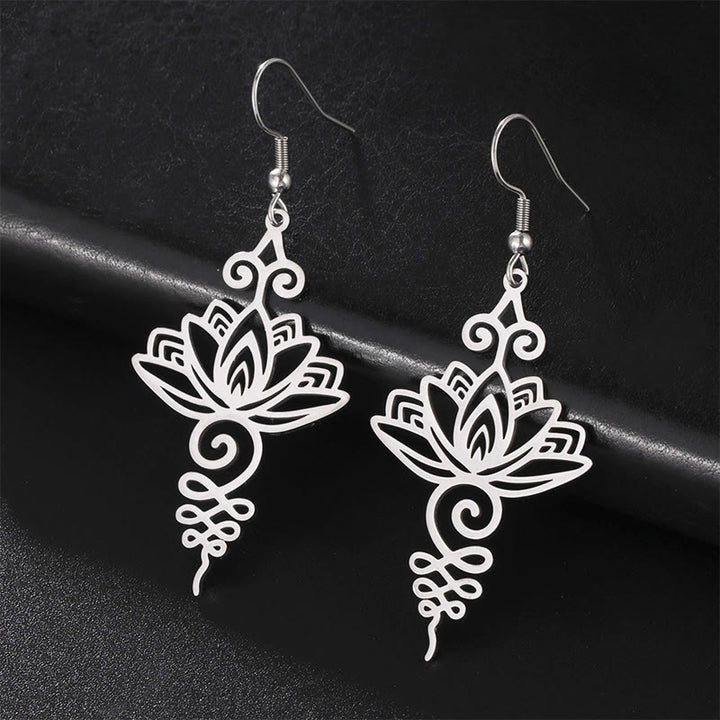 Buddha Stones Hollow Lotus Flower Stainless Steel Enlightenment Metal Drop Earrings