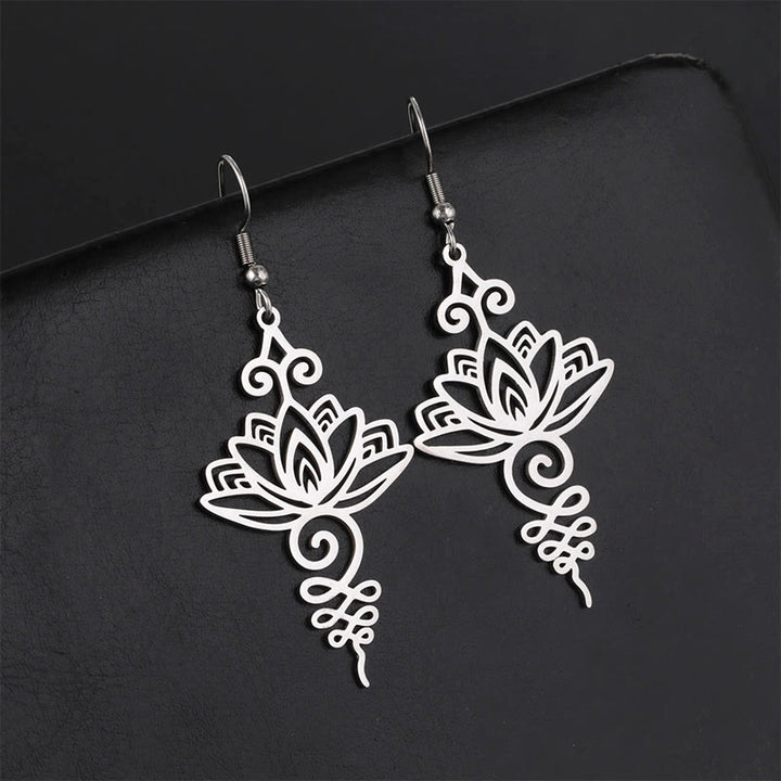 Buddha Stones Hollow Lotus Flower Stainless Steel Enlightenment Metal Drop Earrings