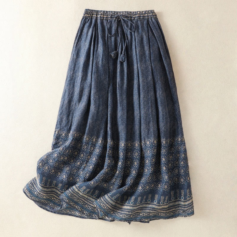 Buddha Stones Vintage Ethnic Floral Pattern Lined Drawstring Women's Cotton Skirt With Pockets - MidnightBlue - US12，UK/AU16，EU44 (2XL) - image 1