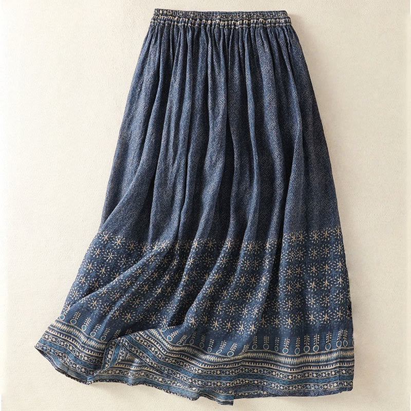 Buddha Stones Vintage Ethnic Floral Pattern Lined Drawstring Women's Cotton Skirt With Pockets - image 2