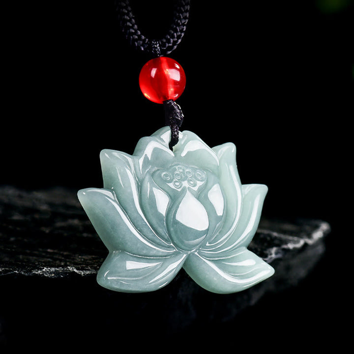 Buddha Stones Lotus Flower Pattern Carved Jade Prosperity Necklace Pendant