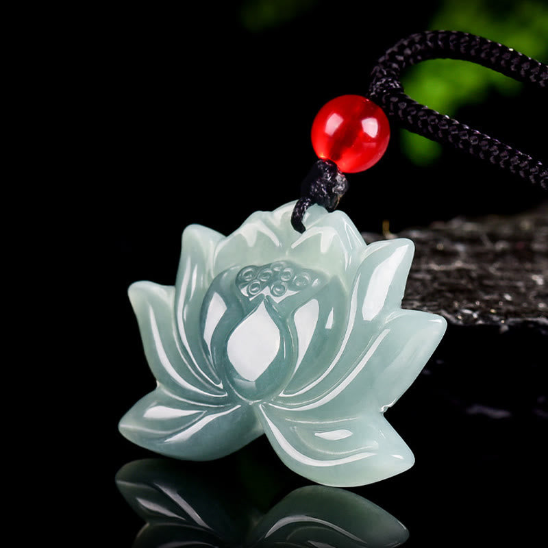 Buddha Stones Lotus Flower Pattern Carved Jade Prosperity Necklace Pendant
