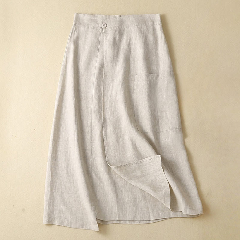 Buddha Stones Vintage Summer Asymmetrical High Waist Women's Cotton Linen Skirt With Pockets - Beige - US8-10，UK/AU12-14，EU40-42 (2XL) - image 15