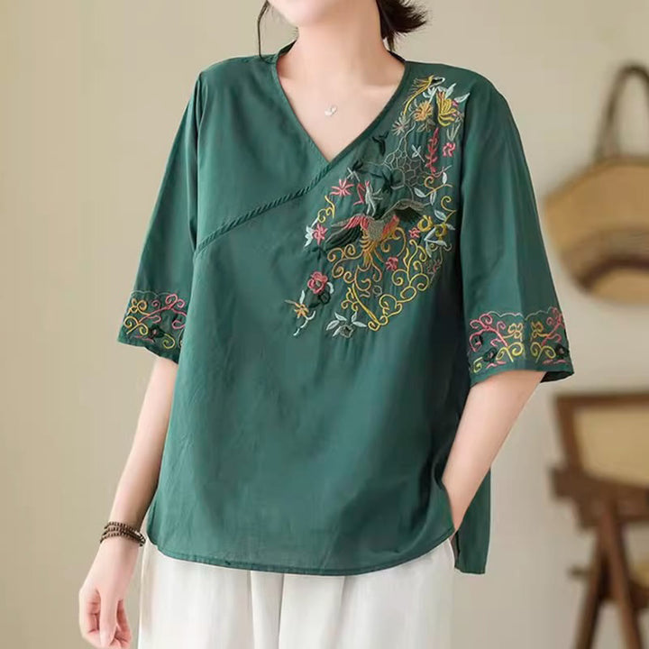 Buddha Stones Casual Colorful embroidery plants bird pattern Women's V-Neck Design Half Sleeve Cotton T-Shirt