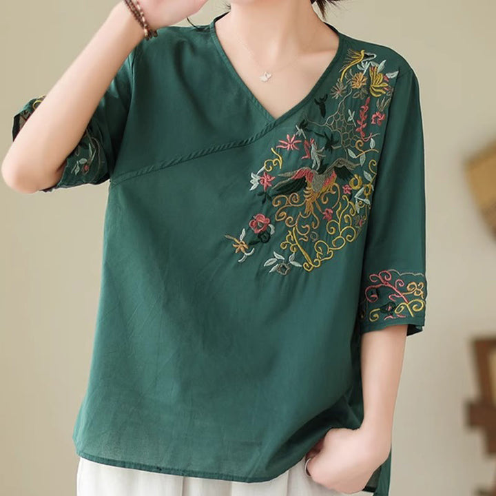 Buddha Stones Casual Colorful embroidery plants bird pattern Women's V-Neck Design Half Sleeve Cotton T-Shirt