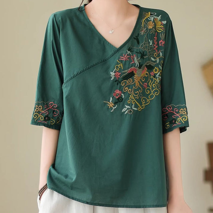 Buddha Stones Casual Colorful embroidery plants bird pattern Women's V-Neck Design Half Sleeve Cotton T-Shirt