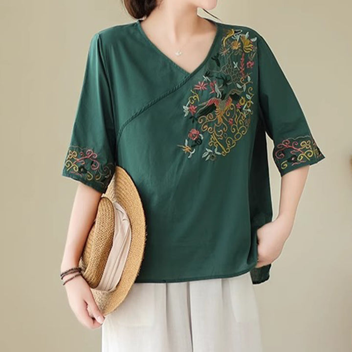 Buddha Stones Casual Colorful embroidery plants bird pattern Women's V-Neck Design Half Sleeve Cotton T-Shirt