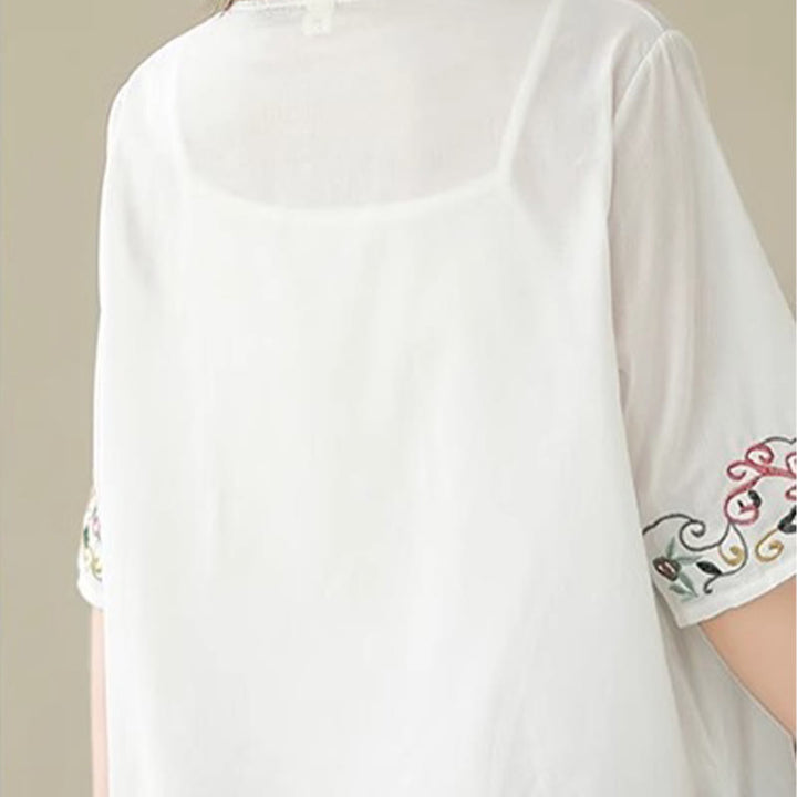 Buddha Stones Casual Colorful embroidery plants bird pattern Women's V-Neck Design Half Sleeve Cotton T-Shirt
