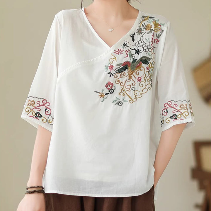 Buddha Stones Casual Colorful embroidery plants bird pattern Women's V-Neck Design Half Sleeve Cotton T-Shirt