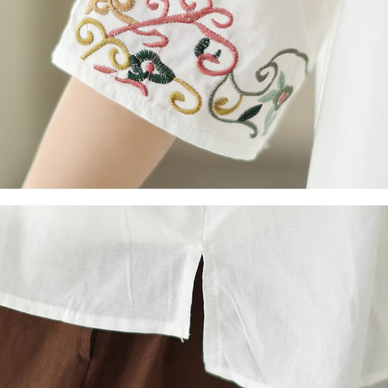 Buddha Stones Casual Colorful embroidery plants bird pattern Women's V-Neck Design Half Sleeve Cotton T-Shirt