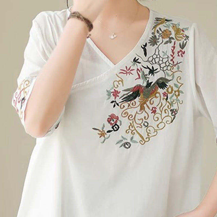 Buddha Stones Casual Colorful embroidery plants bird pattern Women's V-Neck Design Half Sleeve Cotton T-Shirt