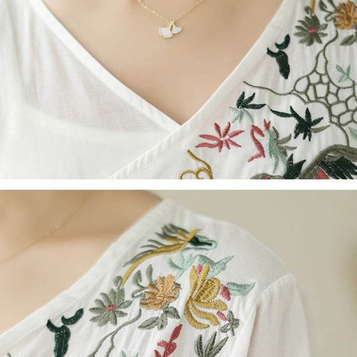 Buddha Stones Casual Colorful embroidery plants bird pattern Women's V-Neck Design Half Sleeve Cotton T-Shirt