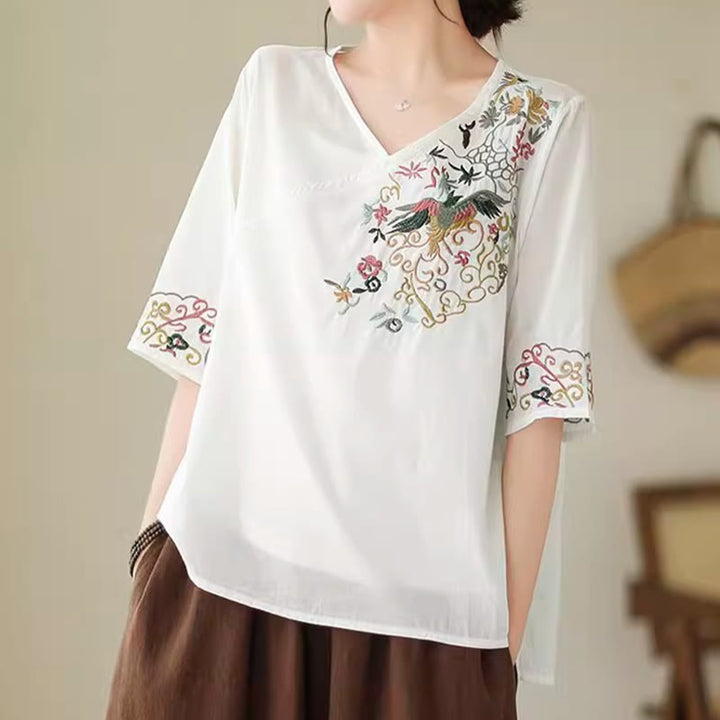 Buddha Stones Casual Colorful embroidery plants bird pattern Women's V-Neck Design Half Sleeve Cotton T-Shirt