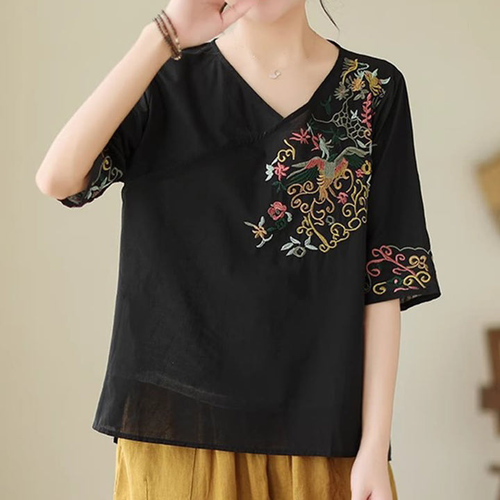 Buddha Stones Casual Colorful embroidery plants bird pattern Women's V-Neck Design Half Sleeve Cotton T-Shirt