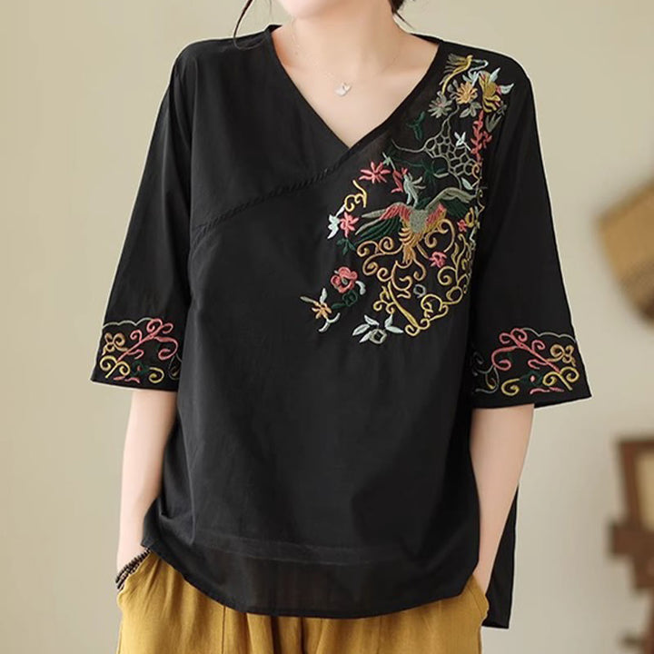Buddha Stones Casual Colorful embroidery plants bird pattern Women's V-Neck Design Half Sleeve Cotton T-Shirt