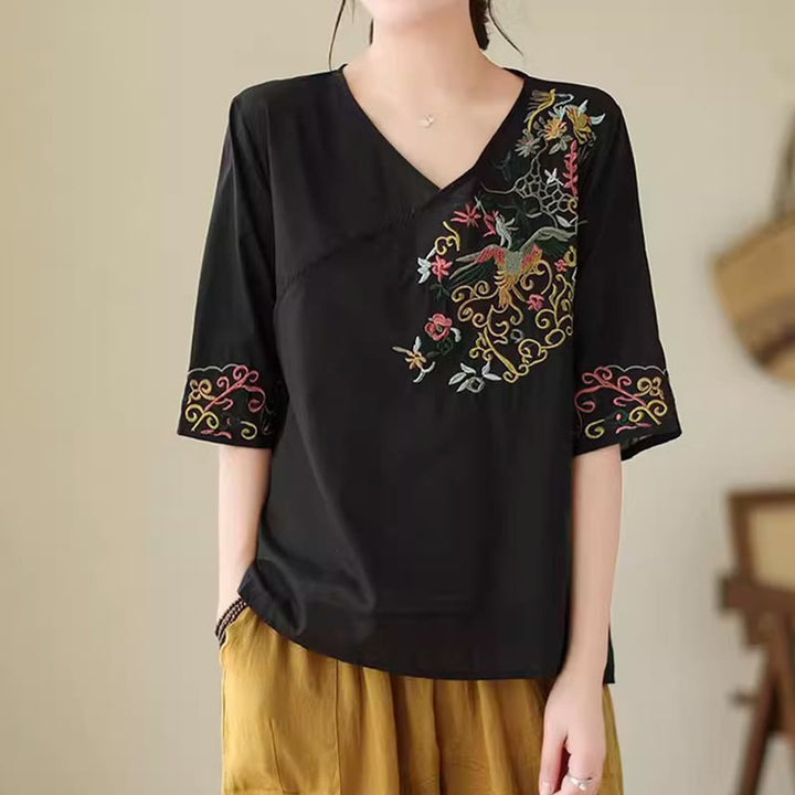 Buddha Stones Casual Colorful embroidery plants bird pattern Women's V-Neck Design Half Sleeve Cotton T-Shirt - image 13