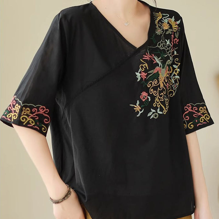 Buddha Stones Casual Colorful embroidery plants bird pattern Women's V-Neck Design Half Sleeve Cotton T-Shirt