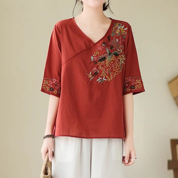 Buddha Stones Casual Colorful embroidery plants bird pattern Women's V-Neck Design Half Sleeve Cotton T-Shirt