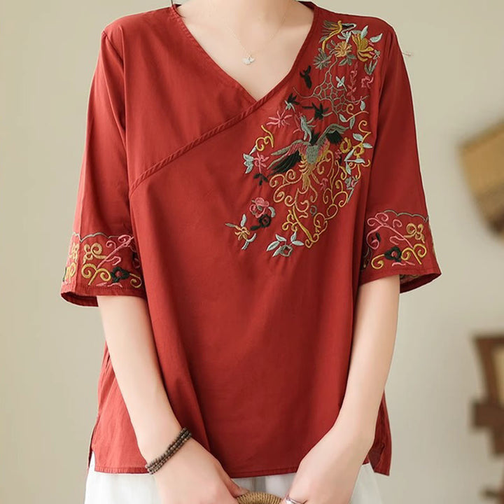 Buddha Stones Casual Colorful embroidery plants bird pattern Women's V-Neck Design Half Sleeve Cotton T-Shirt