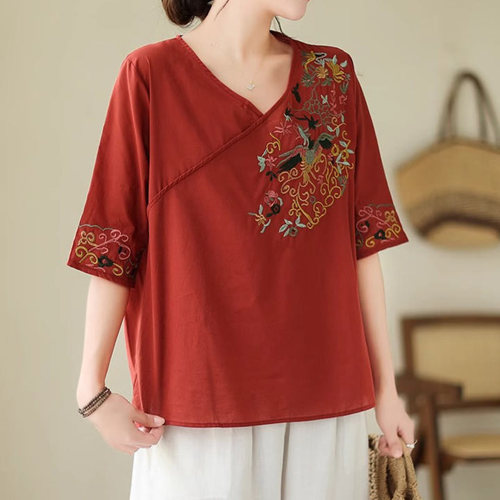 Buddha Stones Casual Colorful embroidery plants bird pattern Women's V-Neck Design Half Sleeve Cotton T-Shirt