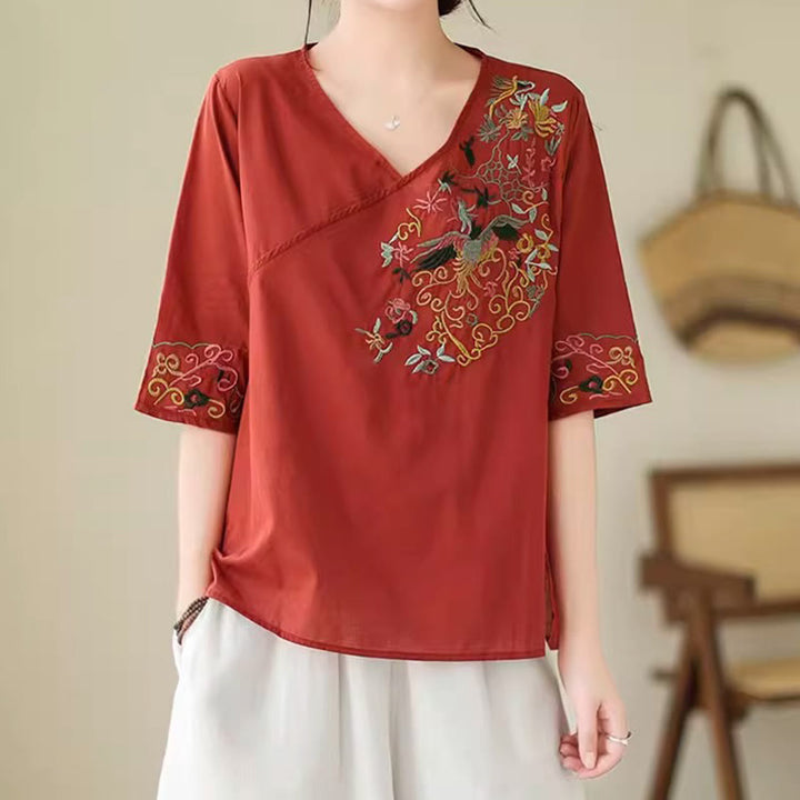Buddha Stones Casual Colorful embroidery plants bird pattern Women's V-Neck Design Half Sleeve Cotton T-Shirt