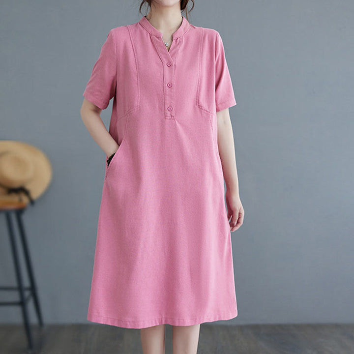 Buddha Stones Casual Daily Pure Color Button Design Short Sleeve Cotton Linen Midi Dress With Pockets