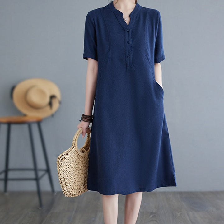Buddha Stones Casual Daily Pure Color Button Design Short Sleeve Cotton Linen Midi Dress With Pockets