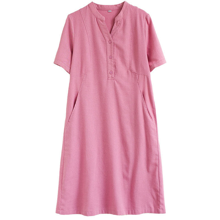 Buddha Stones Casual Daily Pure Color Button Design Short Sleeve Cotton Linen Midi Dress With Pockets