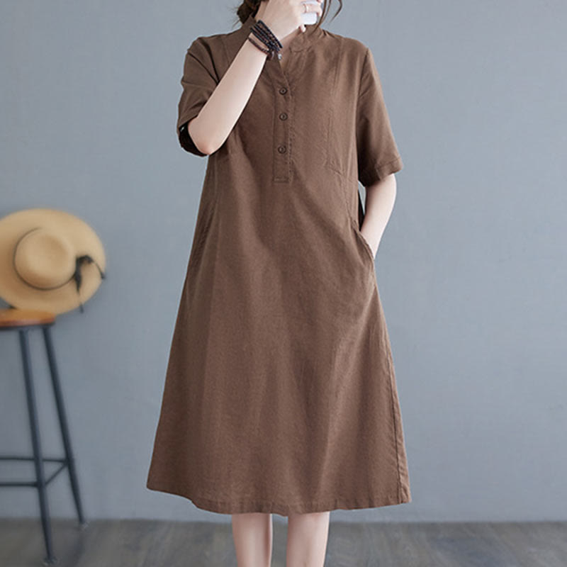 Buddha Stones Casual Daily Pure Color Button Design Short Sleeve Cotton Linen Midi Dress With Pockets