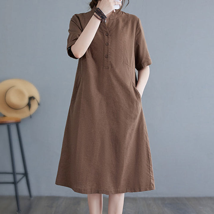 Buddha Stones Casual Daily Pure Color Button Design Short Sleeve Cotton Linen Midi Dress With Pockets