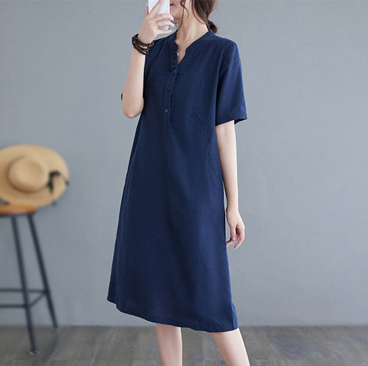 Buddha Stones Casual Daily Pure Color Button Design Short Sleeve Cotton Linen Midi Dress With Pockets