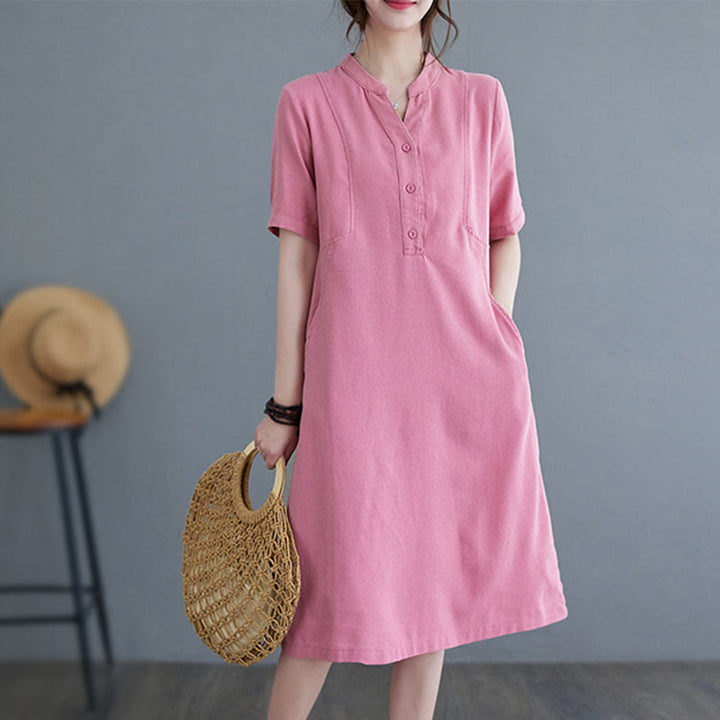 Buddha Stones Casual Daily Pure Color Button Design Short Sleeve Cotton Linen Midi Dress With Pockets