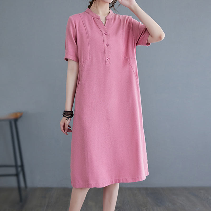 Buddha Stones Casual Daily Pure Color Button Design Short Sleeve Cotton Linen Midi Dress With Pockets