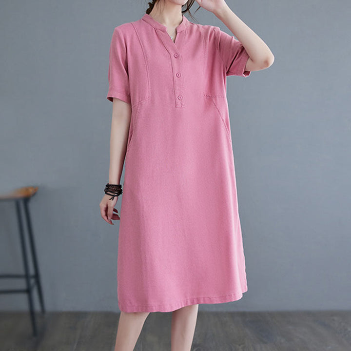 Buddha Stones Casual Daily Pure Color Button Design Short Sleeve Cotton Linen Midi Dress With Pockets