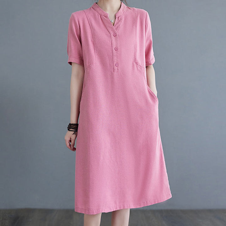 Buddha Stones Casual Daily Pure Color Button Design Short Sleeve Cotton Linen Midi Dress With Pockets
