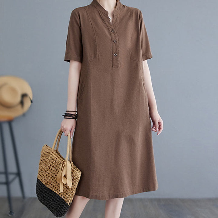 Buddha Stones Casual Daily Pure Color Button Design Short Sleeve Cotton Linen Midi Dress With Pockets