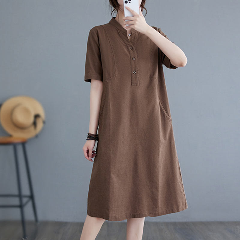 Buddha Stones Casual Daily Pure Color Button Design Short Sleeve Cotton Linen Midi Dress With Pockets