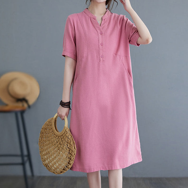 Buddha Stones Casual Daily Pure Color Button Design Short Sleeve Cotton Linen Midi Dress With Pockets