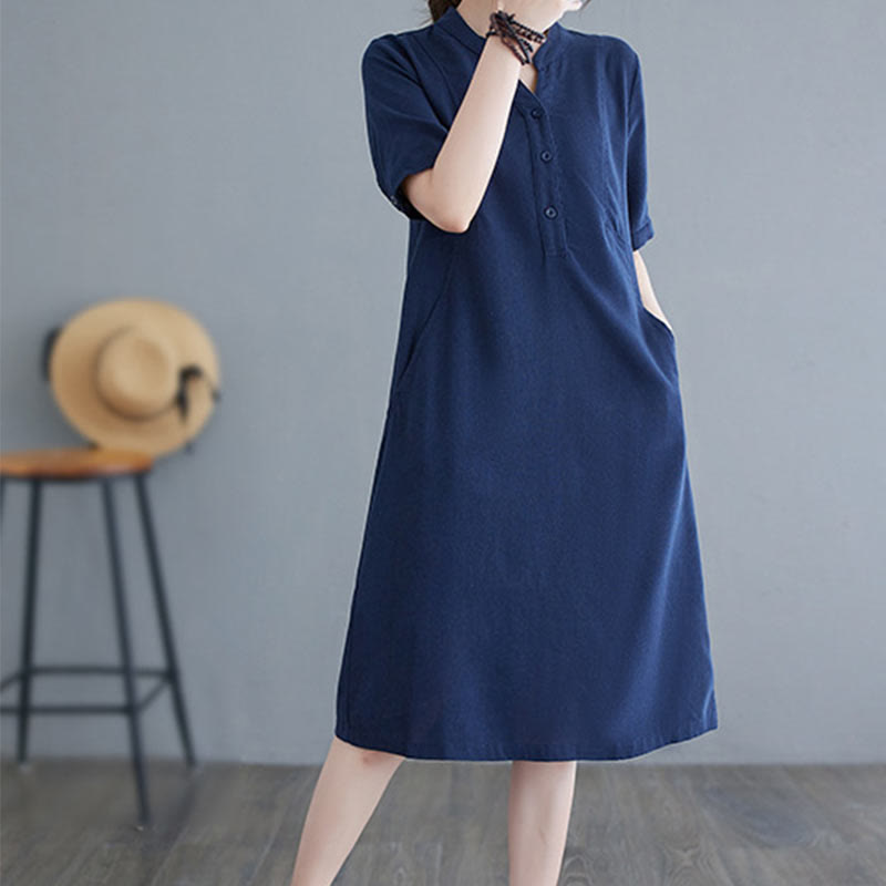 Buddha Stones Casual Daily Pure Color Button Design Short Sleeve Cotton Linen Midi Dress With Pockets