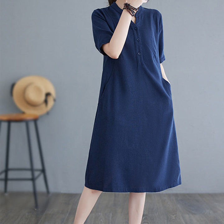 Buddha Stones Casual Daily Pure Color Button Design Short Sleeve Cotton Linen Midi Dress With Pockets