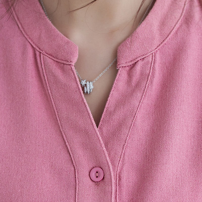 Buddha Stones Casual Daily Pure Color Button Design Short Sleeve Cotton Linen Midi Dress With Pockets - image 5