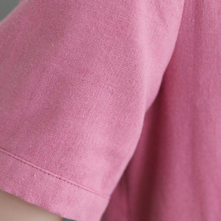 Buddha Stones Casual Daily Pure Color Button Design Short Sleeve Cotton Linen Midi Dress With Pockets