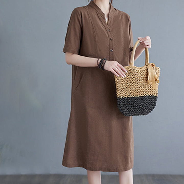 Buddha Stones Casual Daily Pure Color Button Design Short Sleeve Cotton Linen Midi Dress With Pockets