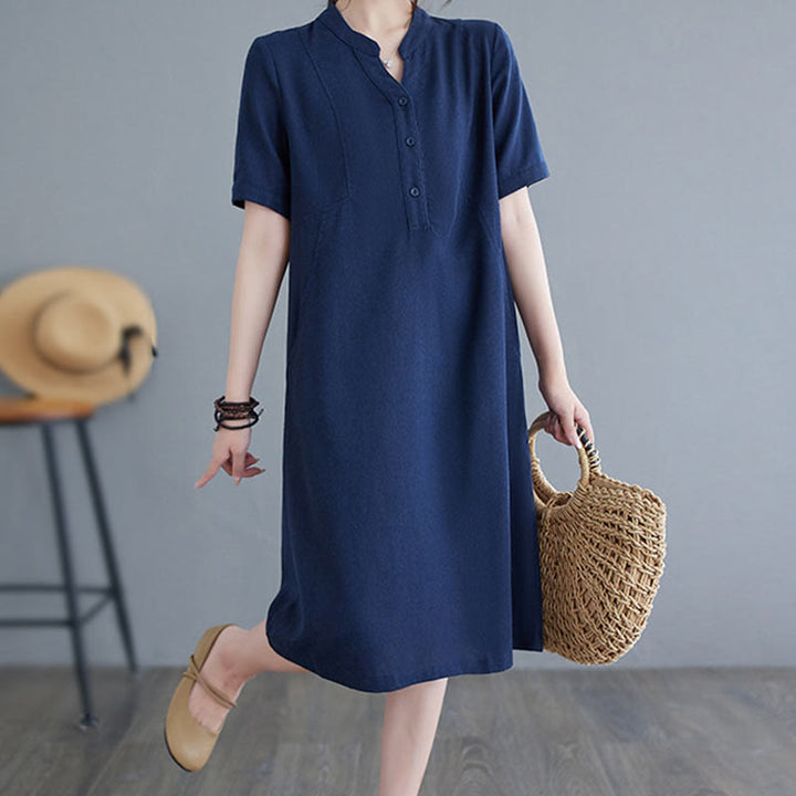 Buddha Stones Casual Daily Pure Color Button Design Short Sleeve Cotton Linen Midi Dress With Pockets