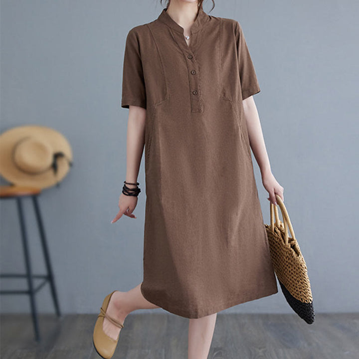Buddha Stones Casual Daily Pure Color Button Design Short Sleeve Cotton Linen Midi Dress With Pockets