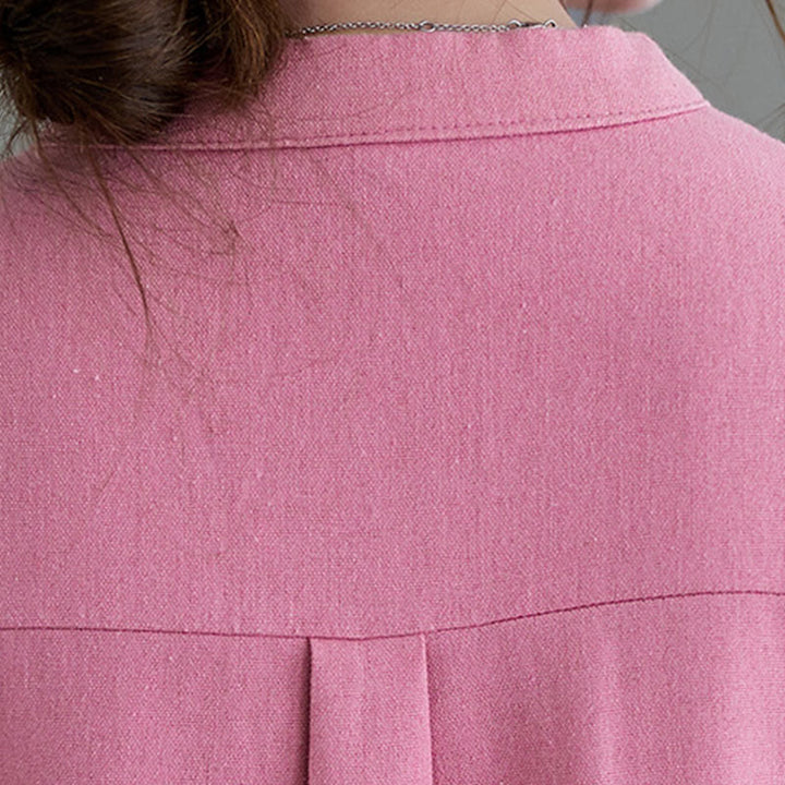 Buddha Stones Casual Daily Pure Color Button Design Short Sleeve Cotton Linen Midi Dress With Pockets - image 6