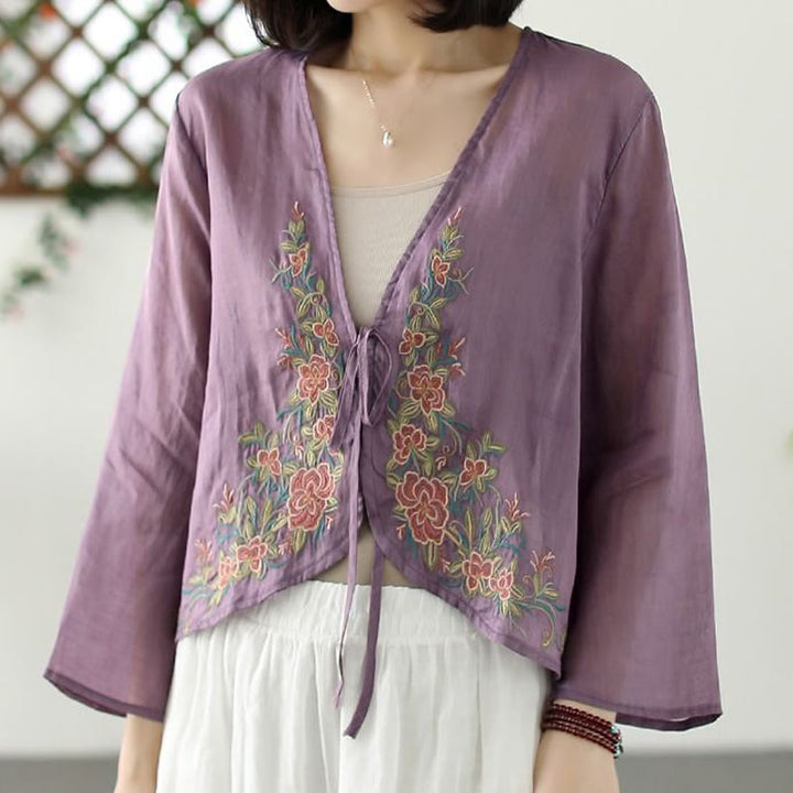 Buddha Stones Casual Embroidery Petals Long Sleeve Open Front Cardigan Jacket