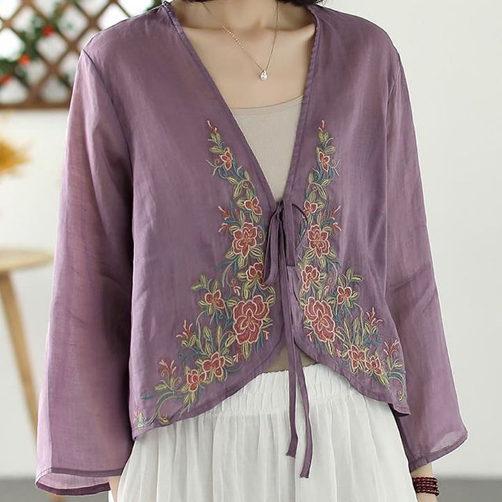 Buddha Stones Casual Embroidery Petals Long Sleeve Open Front Cardigan Jacket