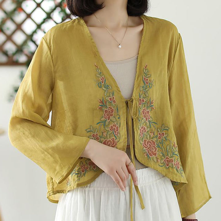 Buddha Stones Casual Embroidery Petals Long Sleeve Open Front Cardigan Jacket